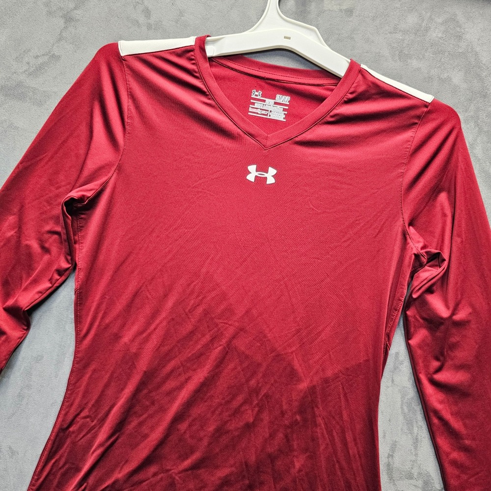 Under Armour HeatGear Red Long Sleeve Fitted V-Neck Athletic Top Small 1276292